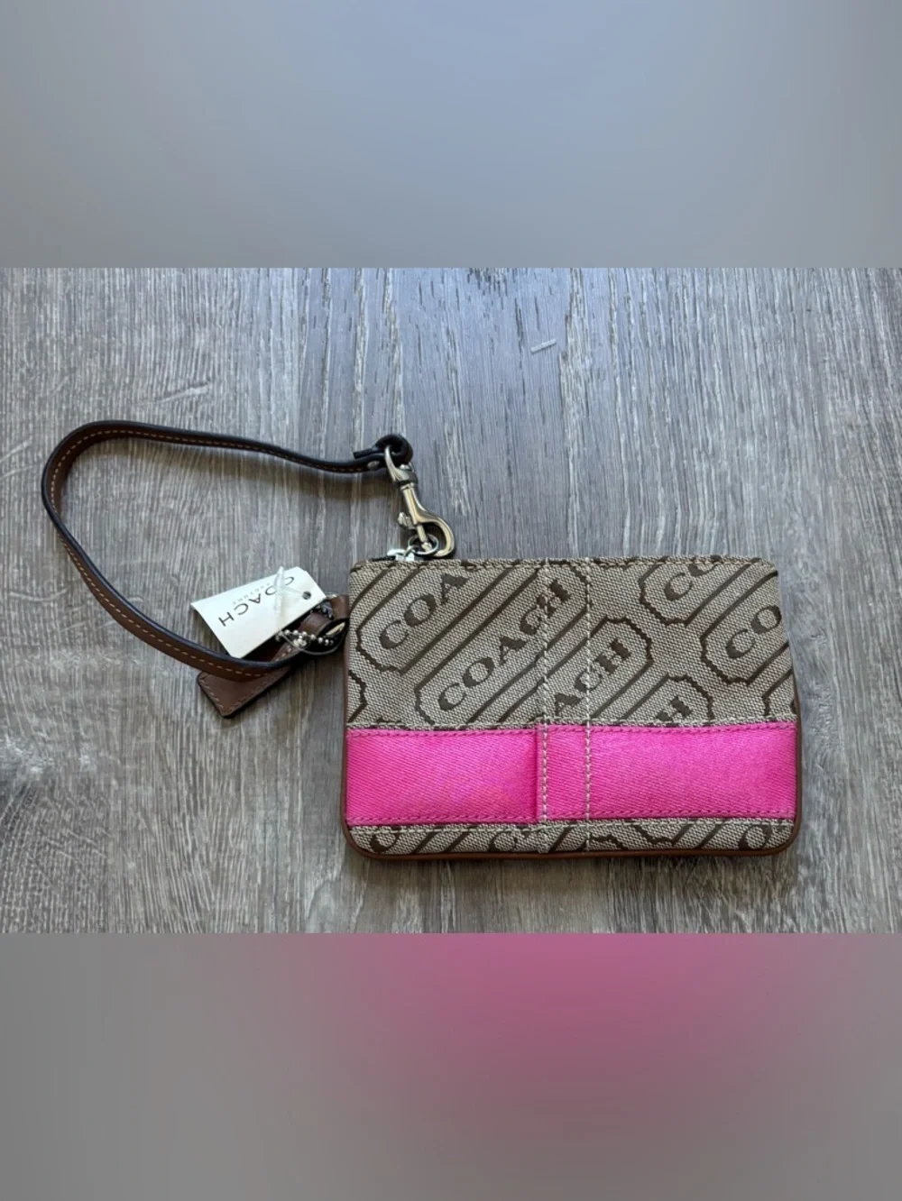 Coach Signature Wristlet in Brown and Hot Pink